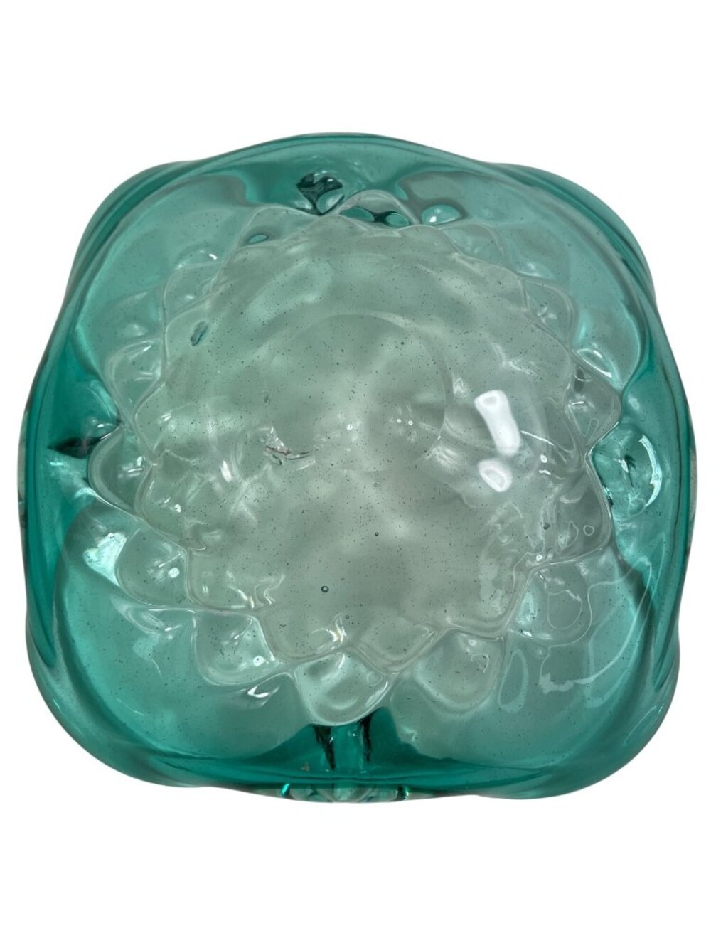 Vintage Hand Blown Turquoise Glass Bowl w/ Ruffled Edge & Textured Floral Design - Picture 7 of 10